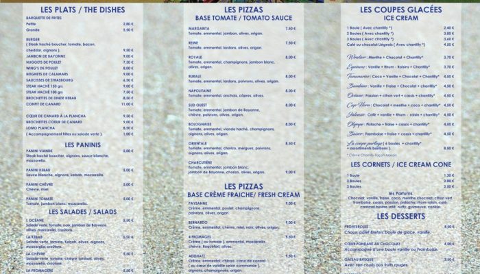 menu de la pizzeria camping Océane
